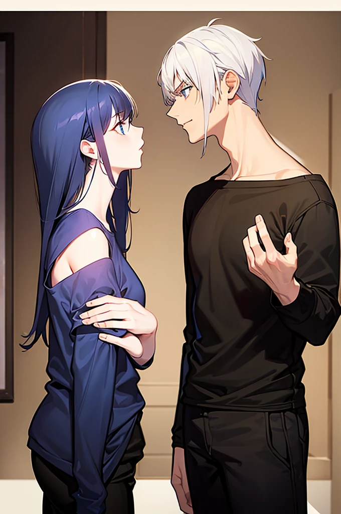 1girl, off-shoulder sweater, couple. A man with short, black hair, tall, arrogant. blue eyes, black t-shirt and black pants. A girl, red t-shirt, long hair, white hair, blue eyes. they are kissing.