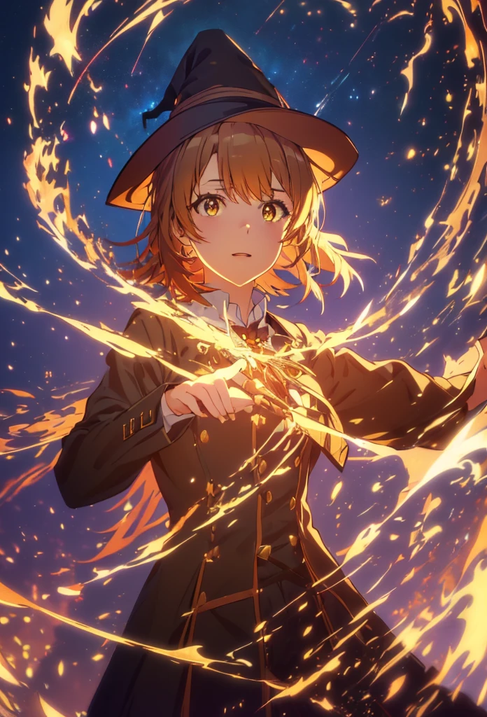 Irohaisshiki, isshiki iroha, short hair, Brown Hair, (Brown eyes:1.5), smile,((Night Sky)),火のwitch,Fluffy hair,((Idol style costume with soft volume)),Long skirt,((gorgeous wizard hat)),((witch)),(magic wand with a jewel on the tip),Explosive flame,
break outdoors, forest,forest
break looking at viewer,Upper Body,
break (masterpiece:1.2), Highest quality, High resolution, unity 8k wallpaper, (shape:0.8), (Narrow and beautiful eyes:1.6), Highly detailed face, Perfect lighting, Highly detailed CG, (Perfect hands, Perfect Anatomy),