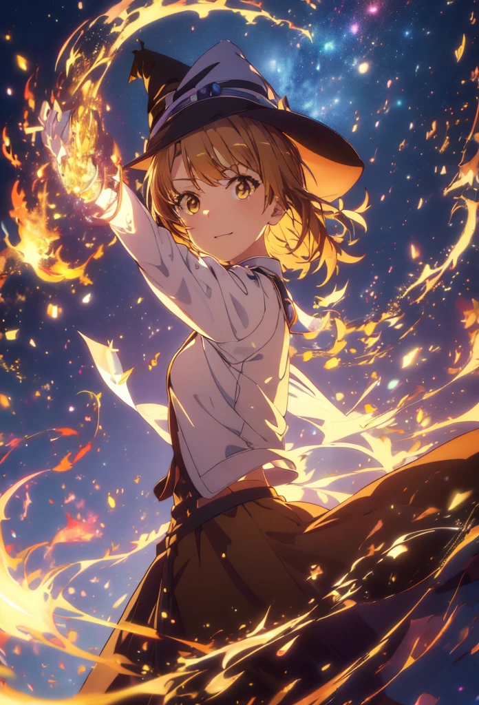 Irohaisshiki, isshiki iroha, short hair, Brown Hair, (Brown eyes:1.5), smile,((Night Sky)),火のwitch,Fluffy hair,((Idol style costume with soft volume)),Long skirt,((gorgeous wizard hat)),((witch)),(magic wand with a jewel on the tip),Explosive flame,
break outdoors, forest,forest
break looking at viewer,Upper Body,
break (masterpiece:1.2), Highest quality, High resolution, unity 8k wallpaper, (shape:0.8), (Narrow and beautiful eyes:1.6), Highly detailed face, Perfect lighting, Highly detailed CG, (Perfect hands, Perfect Anatomy),