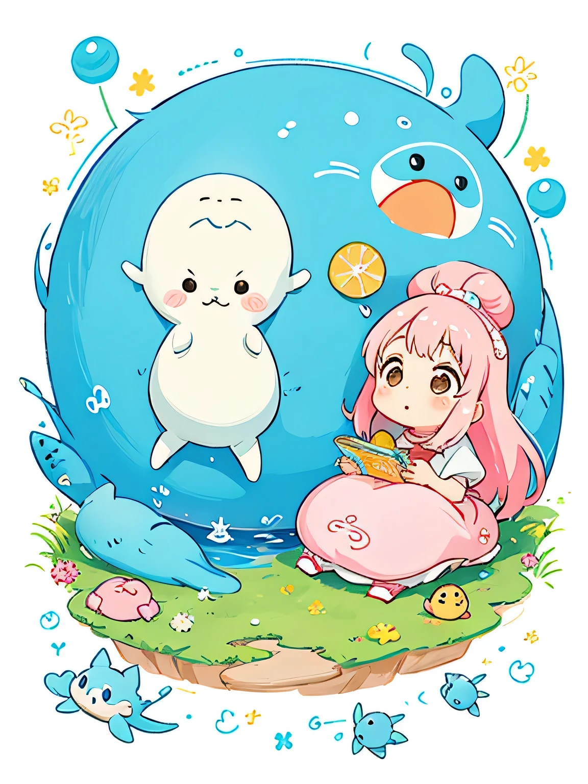 Hayao Miyazaki style、Kawaii Design, The most beautiful girl of all time、chibi, Cute and colorful amoeba, nap, トトロの森