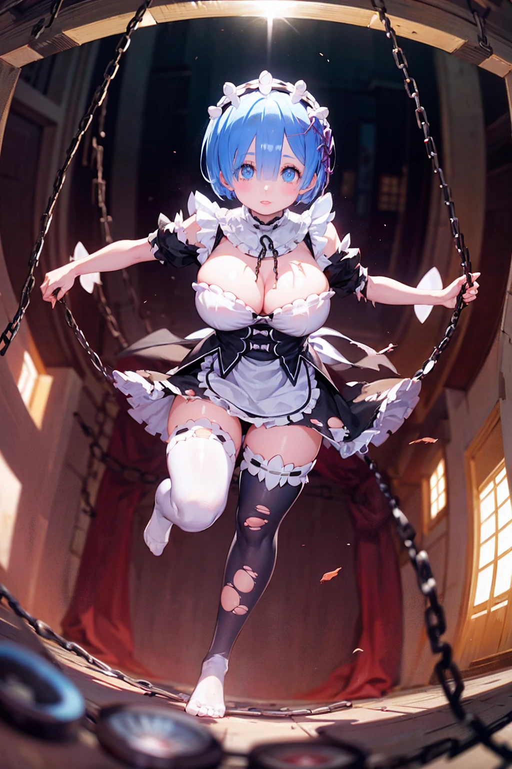 、Plump、Show your pants、Fighting Pose、Weapons Morningstar、((Underground Prison))、((The floor beneath my feet is crumbling))、((((Rem in chains)))),(((((Fisheye Lens)))))、((((Super huge breasts))))、(((Plump thighs)))、(((Rem from Re:Zero)))、looking at the camera、High qualityHigh quality、8ｋ、(((((Full body description)))))、Chest、Fantastic、(((((Torn maid uniform)))))、looking at the cameraで、barefoot、((((((Tall Rem))))))、Sweat splashes、Clothes are ripped off,(Torn knee-high socks)、