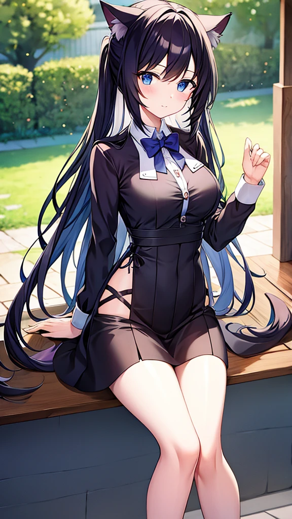 (Masterpiece), (best quality), A cat girl in her 20's, long black hair with purple tips, blue eyes, cat ears and a cat tail. wearing black round glasses (black crop top เสื้อเอวลอย) A light purple silk short jacket showing off the shoulders. black short skirt