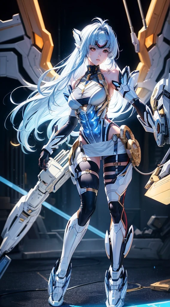 top-quality、masterpiece、超A high resolution、(Photorealsitic:1.4)、1人、Light blue hair、Straight hair, shiny and clean hair、White shiny skin、Sexy Cyberpunk Girl、((super realistic details))、Shadow、octan render、ultrasharp、hyperdetailed face、Fiberglass、Luminous tube、highly intricate detail、Realistic light、CGSoation Trends、((Golden Eyes))、(Facing the camera)、neon details、Mechanical limbechanical vertebrae attached to the back、mechanical cervical attaching to neck、Wires and cables connecting to the head、((valkyrie))、((Beam Cannon))、Combat stance