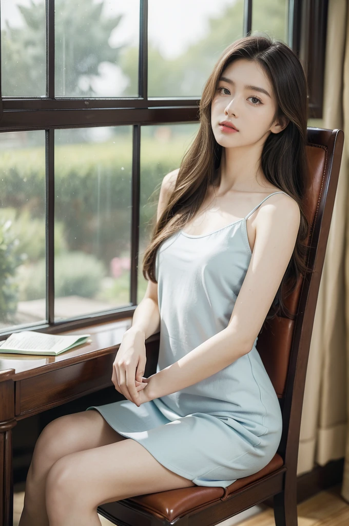 (((best quality))),(((ultra detailed))),(((masterpiece))),illustration,1girl,high school girl,solo,slim,thin,small breasts,flat chest,slender legs,summer,sunshine,luxurious classroom,anticipation,beautiful,elegant,desk,college application form,sleeveless dress,light blue,summer sky,delicate floral pattern,shoulder length straight hair,sunlight,shimmering aura,fair skin,smooth skin,deep green eyes,luxury,plush leather chairs,richly patterned walls,state-of-the-art technology,open windows,summer breeze,freshly mown grass,distant bird songs,graceful movements,precise movements,serene face,focus,determination,dreams,aspirations,journey,fulfill academic goals,portrait,resilience,hope,future,courage,confidence,from front