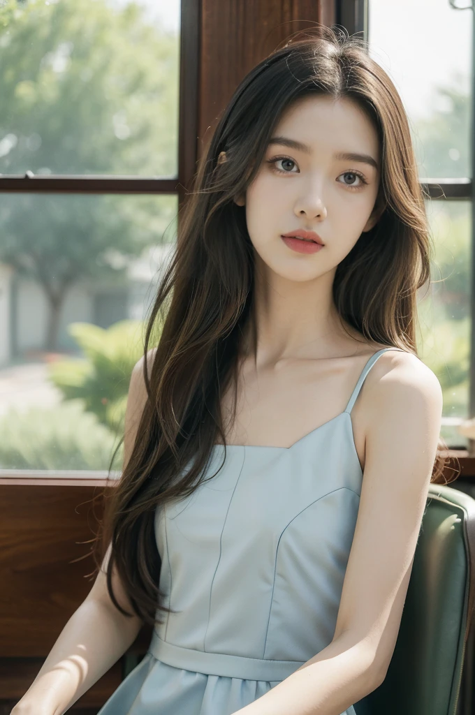 (((best quality))),(((ultra detailed))),(((masterpiece))),illustration,1girl,high school girl,solo,slim,thin,small breasts,flat chest,slender legs,summer,sunshine,luxurious classroom,anticipation,beautiful,elegant,desk,college application form,sleeveless dress,light blue,summer sky,delicate floral pattern,shoulder length straight hair,sunlight,shimmering aura,fair skin,smooth skin,deep green eyes,luxury,plush leather chairs,richly patterned walls,state-of-the-art technology,open windows,summer breeze,freshly mown grass,distant bird songs,graceful movements,precise movements,serene face,focus,determination,dreams,aspirations,journey,fulfill academic goals,portrait,resilience,hope,future,courage,confidence,from front