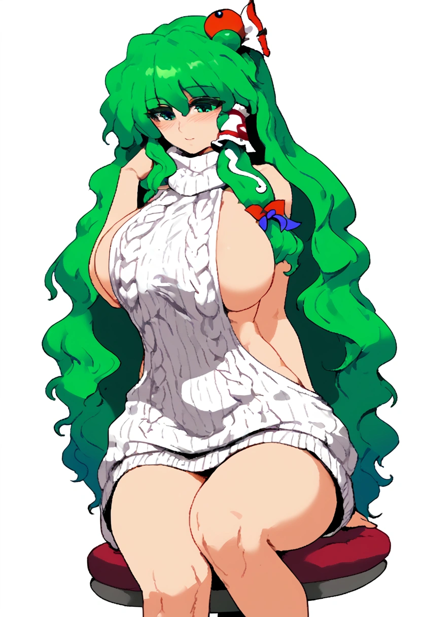 Expressive, score_9, score_8_up, score_9_up, Touhou, masterpiece, high quality, highly detailed, 1girl, kochiya sanae, solo, green hair, long hair, green eyes, long hair, big breasts, blush, round breasts,,,,,, frog hair ornament, hair tubes, snake hair ornament,,,, thin waist, sit on stool, white background,, virgin killer sweater,