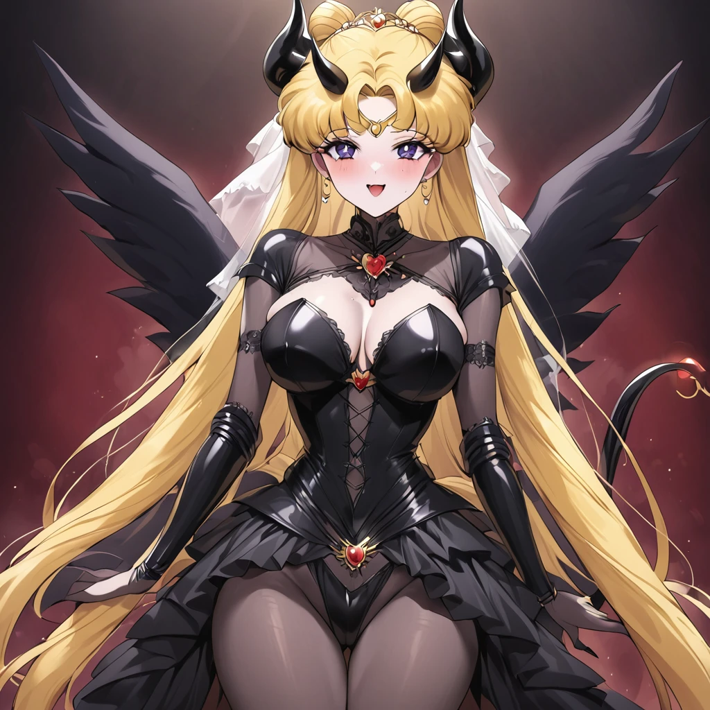 ((Highest quality)), ((masterpiece)), (detailed), （Perfect Face）、The woman is Princess Serenity having sex with the Demon King, the woman is Princess Serenity, a sexy female demon with jet black skin、The woman is a jet-black female demon with magnificent devil horns, jet-black devil wings, and a jet-black tail. Her skin is jet-black, and she is a devil bride wearing a luxurious black gothic Victorian wedding dress and a black wedding veil. She is the jet-black demon Princess Serenity, and has blonde hair with a happy expression as she looks at the camera.２The expression of a girl in love with her long hair tied up、She is Princess Serenity