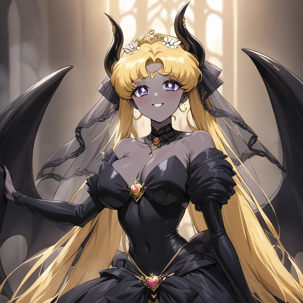 ((Highest quality)), ((masterpiece)), (detailed), (Perfect Face)、The woman is Princess Serenity having sex with the Demon King, the woman is Princess Serenity, a sexy female demon with jet black skin、The woman is a jet-black female demon with magnificent devil horns, jet-black devil wings, and a jet-black tail. Her skin is jet-black, and she is a devil bride wearing a luxurious black gothic Victorian wedding dress and a black wedding veil. She is the jet-black demon Princess Serenity, and has blonde hair with a happy expression as she looks at the camera.2The expression of a girl in love with her long hair tied up、She is Princess Serenity