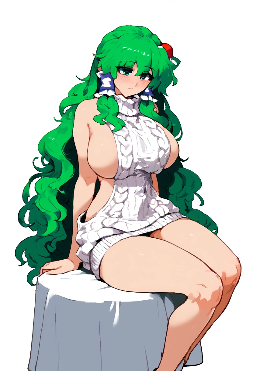 Expressive, score_9, score_8_up, score_9_up, Touhou, masterpiece, high quality, highly detailed, 1girl, kochiya sanae, solo, green hair, long hair, green eyes, long hair, big breasts, blush, round breasts,,,,,, frog hair ornament, hair tubes, snake hair ornament,,,, thin waist, sit on stool, white background,, virgin killer sweater, 
