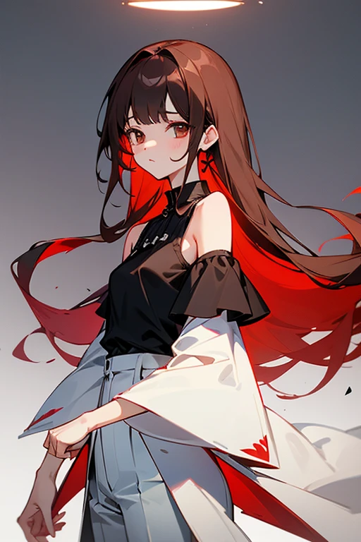 Slender beautiful girl、10th Generation、sleeveless Black blouse、Office、OL、off shoulder、White LINE Design、pants style、red brown heir