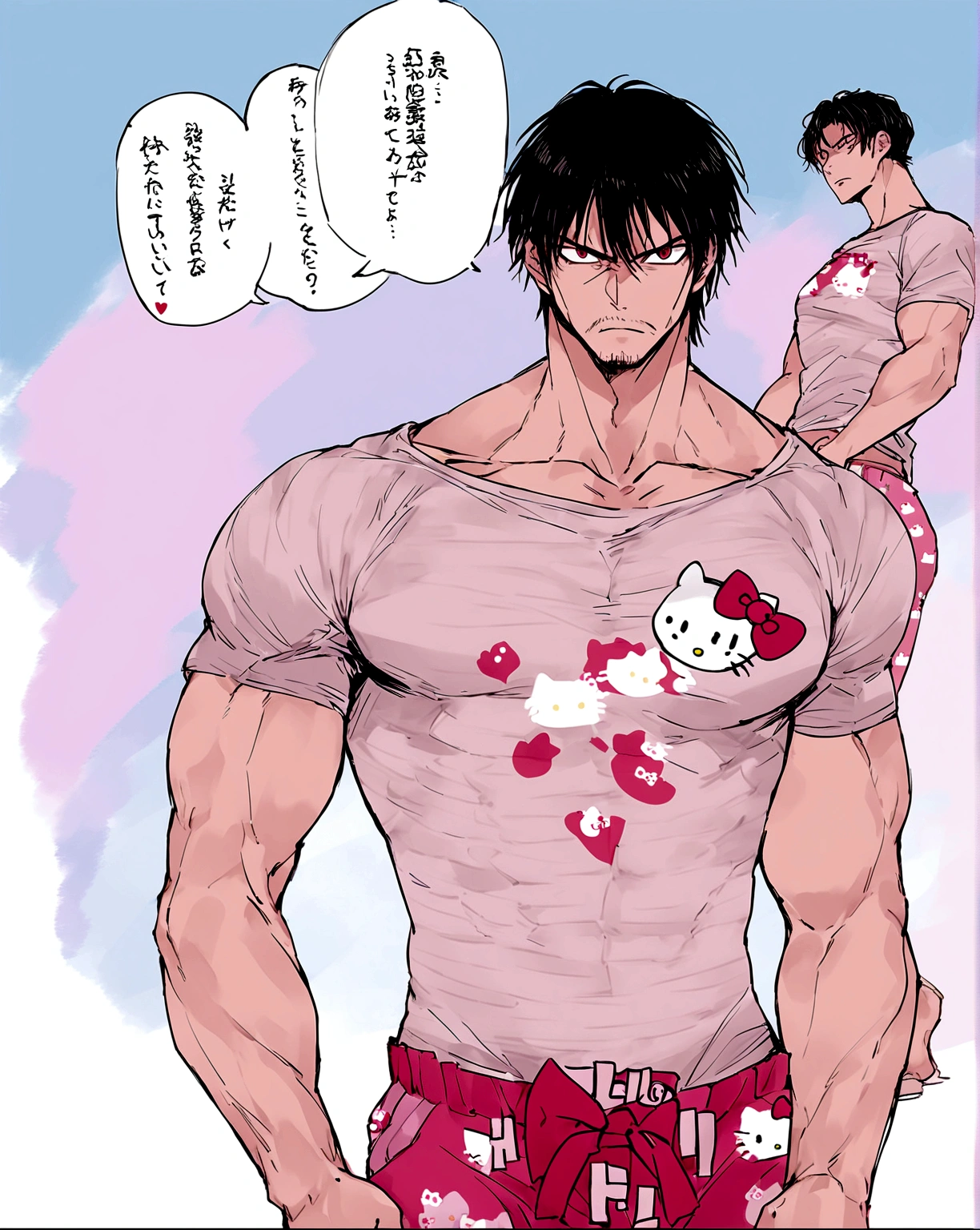 a muscular and serious looking man .He has a defiant expression, with messy black hair. She wears a white t-shirt with Hello Kitty's face on the front and pink pajama pants with multiple Hello Kitty prints.. at your side, there is a speech bubble that says "Nayely I love you "