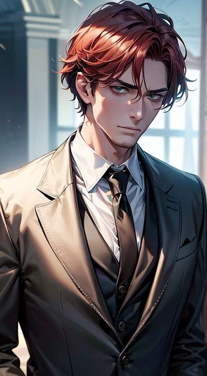 (best quality, masterpiece, 8K, photorealistic, cinematic lighting, 1:4 hdr image, ultra detailed, beautiful image), a mature man, 34 years very handsome, ((cold expression)), short red hair, green eyes, face perfect without mistakes, ((buttoning his jacket, CEO))