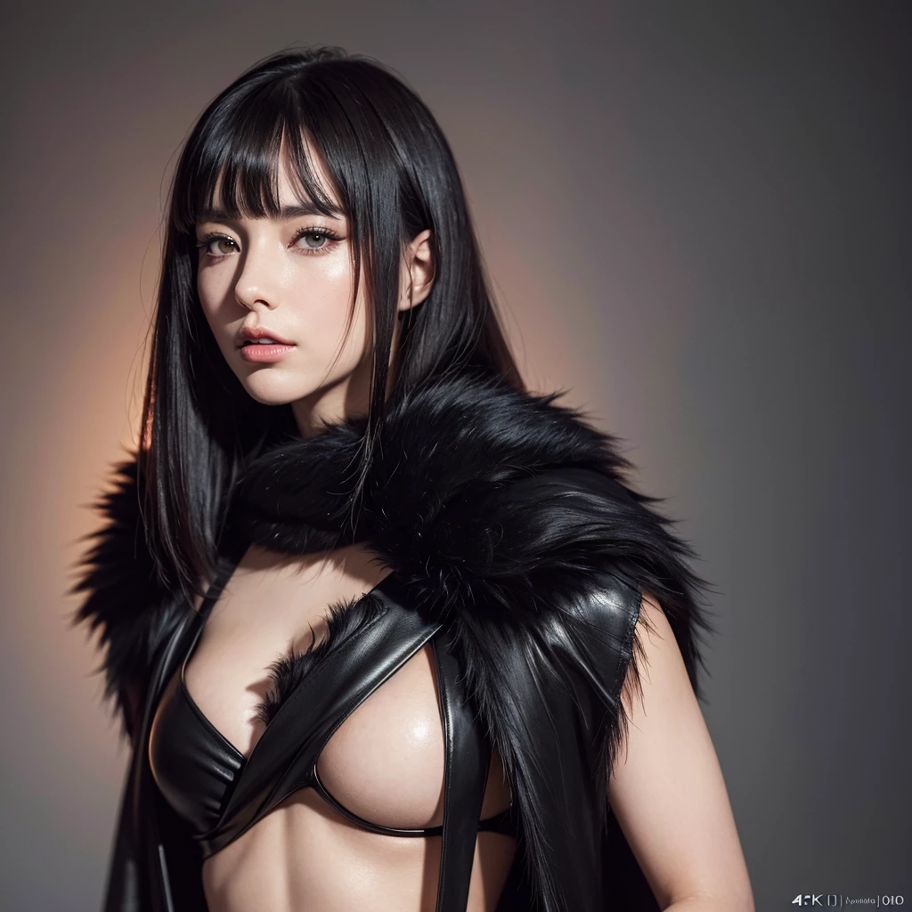 beautiful girl, wearing a black leather dress and draped fine fur shawl, she looks elegant and antagonistic with sharp eyes, it seems she is a fashionable person, (best quality,4k,8k,highres,masterpiece:1.2),very detailed, (realistic ,photorealistic,photo-realistic:1.37)