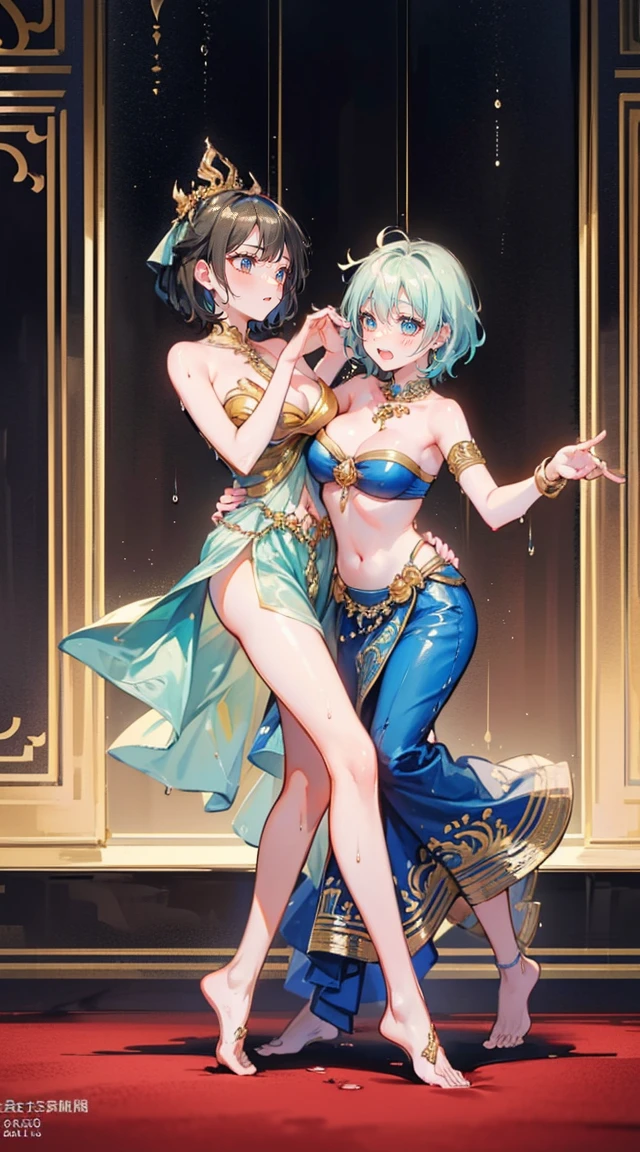 (2 young women ,beautiful woman),(เด็กหญิงshyุ 20 ปี)，smile，(light green short hair)，nobility，(princess)，blue student，Tall figure，((Strapless Thai dress))，low skirt，(Strapless Thai dressที่ไม่ทีสาย)，ta skirt，Show your legs，Barefoot，red carpet，prom website，(nobility)，(big tits),(Various positions),Highest quality、Highest picture quality、Masterpiece,, ,(((Navel drive,dance,dance,Thai dance))), (there&#39;There&#39;s nothing hiding the pussy..), (no panties), (very good:1.2), (shy:1.2), (wet:1.2),  (feel sexually happy:1.6), 