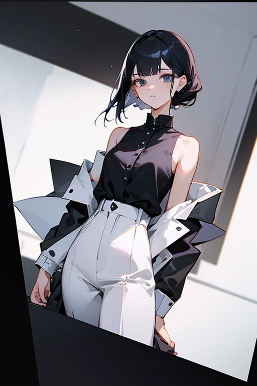 Slender beautiful girl、10th Generation、sleeveless Black blouse、Office、off shoulder、White LINE Design、pants style、