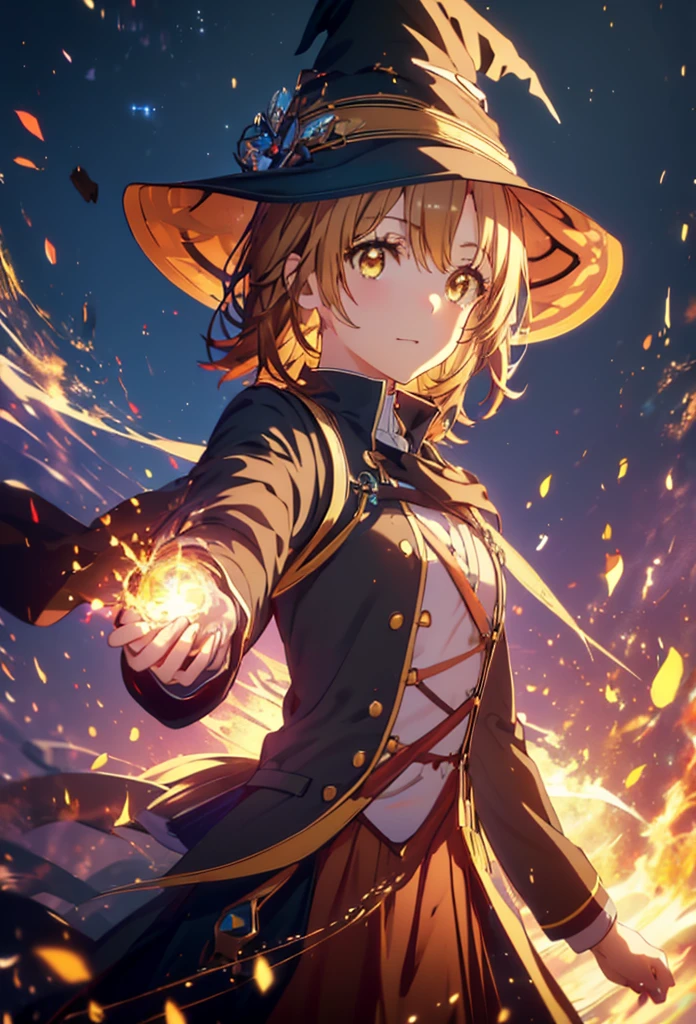 Irohaisshiki, isshiki iroha, short hair, Brown Hair, (Brown eyes:1.5), smile,((Night Sky)),火のwitch,Fluffy hair,((Idol style costume with soft volume)),Long skirt,((gorgeous wizard hat)),((witch)),Explosive Flame,
break outdoors, forest,forest
break looking at viewer,Upper Body,
break (masterpiece:1.2), Highest quality, High resolution, unity 8k wallpaper, (shape:0.8), (Narrow and beautiful eyes:1.6), Highly detailed face, Perfect lighting, Highly detailed CG, (Perfect hands, Perfect Anatomy),