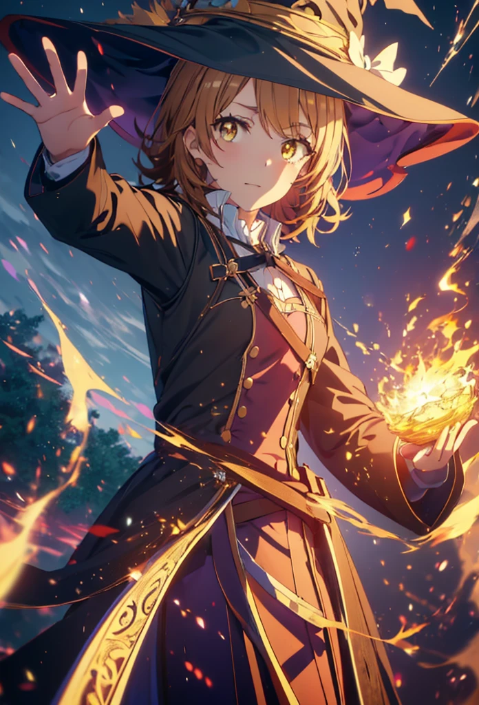 Irohaisshiki, isshiki iroha, short hair, Brown Hair, (Brown eyes:1.5), smile,((Night Sky)),火のwitch,Fluffy hair,((Idol style costume with soft volume)),Long skirt,((gorgeous wizard hat)),((witch)),Explosive Flame,
break outdoors, forest,forest
break looking at viewer,Upper Body,
break (masterpiece:1.2), Highest quality, High resolution, unity 8k wallpaper, (shape:0.8), (Narrow and beautiful eyes:1.6), Highly detailed face, Perfect lighting, Highly detailed CG, (Perfect hands, Perfect Anatomy),