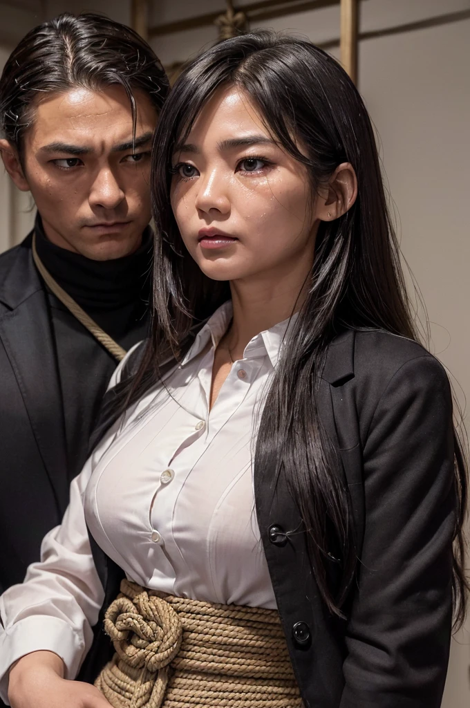 nsfw,(Highest quality:1.2), 32k HDR, High resolution,(Japanese women),((Black-haired woman)),((Pink Lips)),(20-year-old woman),(young woman),(Beautiful woman),((Long Hair,Shaggy,Smooth Hair),(Office Lady,Woman in recruit suit),(Black jacket),(White shirt),((A woman with perfect style)),((Woman with a slim waist)),(A woman with perfect proportions),(リード付きのfirst roundをされている女性),clear,Woman being attacked by a man,Woman with a disgusted expression,Woman being pushed down,Embarrassed, moist eyes,Sad expression,Looking into the camera,Highly detailed eyes and face,Realistic Face Proportions, Stunning eye for detail,Realistic beautiful face,Very small face,Realistic small beautiful eyes, (((服の上からropeで縛られている:1.5))),(((Torn clothes:1,5))),((Woman being attacked by a man)),((A woman being forcibly held by a man)),((Women are reluctant)),((In a dimly lit room)),((Dim lighting)),((rope)),((The woman is crying)),((first roundをつけられた女性)),((Lock)),((ropeで縛られた女性)),(Detailed skin texture),(Detailed face),(Fine grain),((Constraints)),((Handcuffs)),((Shackles)),((first round)),((Binding)),
