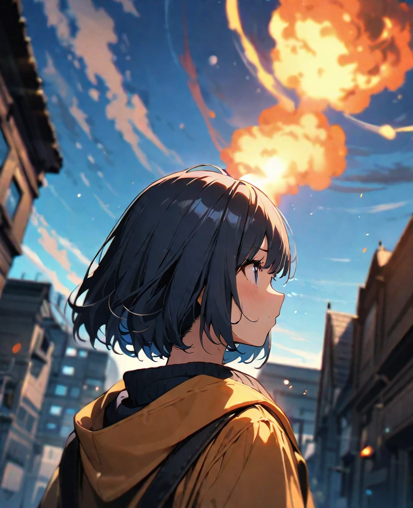 (best quality, masterpiece, ultra highres, ultra-detailed:1.2) ,girl looking up at the sky,(view of a huge a fireball falling from the far sky),Stunned,BREAK.(16yo,detailed face,(darkblue hair,wavy-short hair)),BREAK.backshot,long shot,depth of field,portrait,