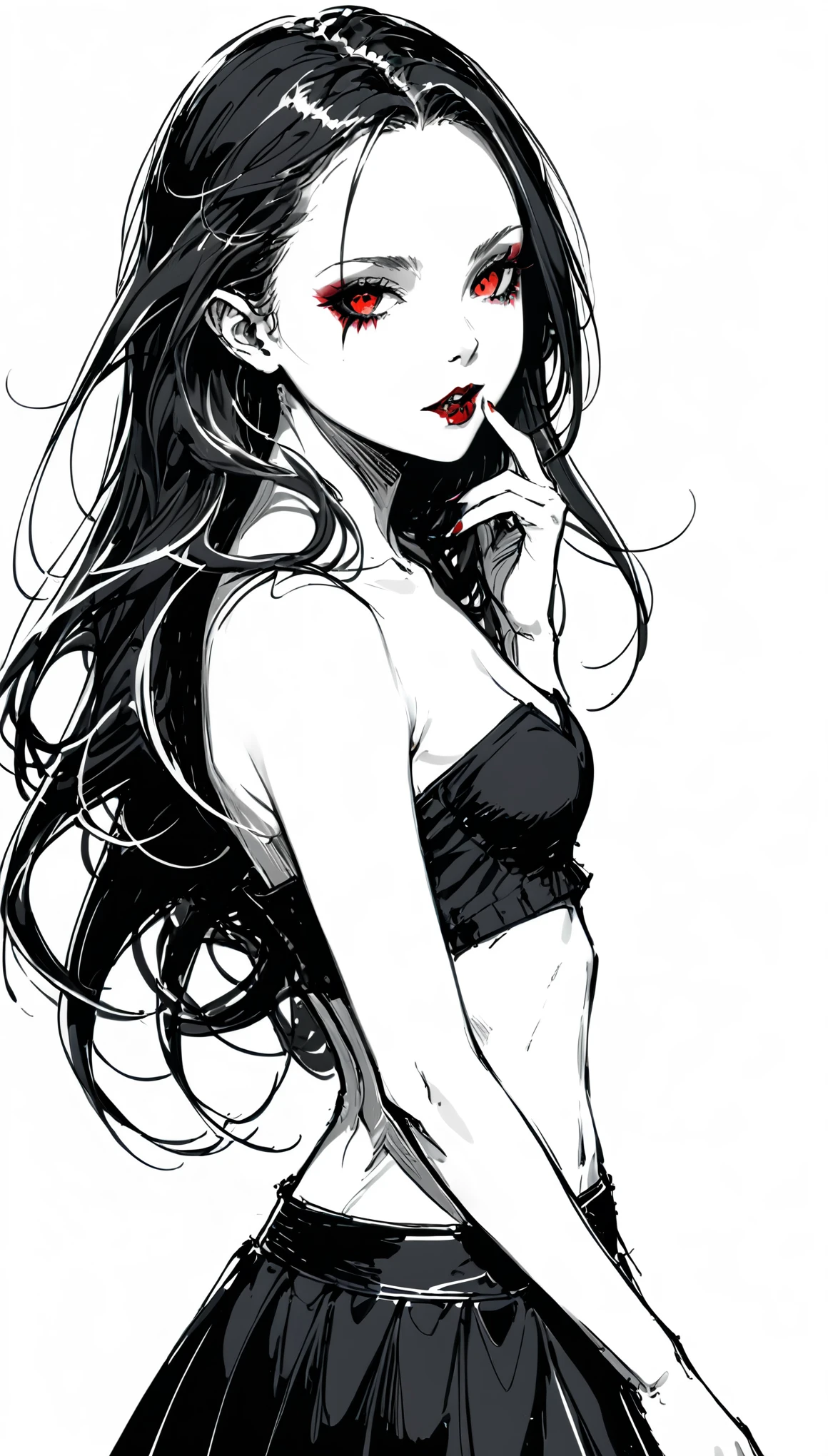 (Bare waist, Waist Focus:2.0), In the style of Stephen Gamell, Vampire Girl, (Sketch Style, Black and White:1.5), White background, contour, girl, Dynamic Action, Flowing long hair, Black T-shirt, Loose low waist skirt, (Tilted head:2.0), Fingers on cheeks, Back view, Turn your head and look at the camera, tachi-e, UHD, masterpiece, anatomically correct, best quality