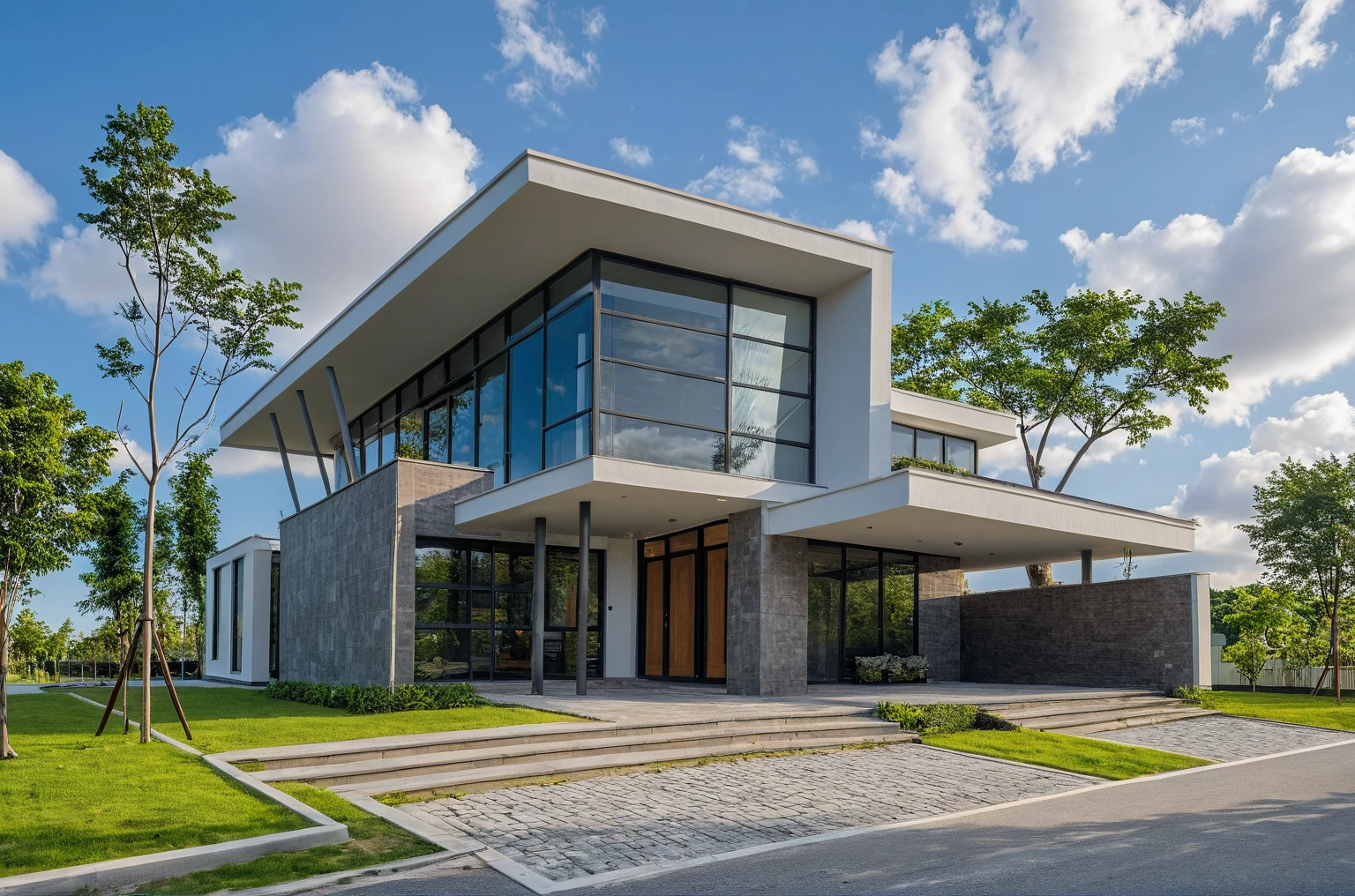 Masterpiece, 4k pixcel, high quality, best quality, authentic, super detail, outdoors, onestoreyvillaXL, aiaigroup, house style modern on the street ,stairs, white wall ,road,pavement, grass, trees, sky, cloud, (daylight:1.1)