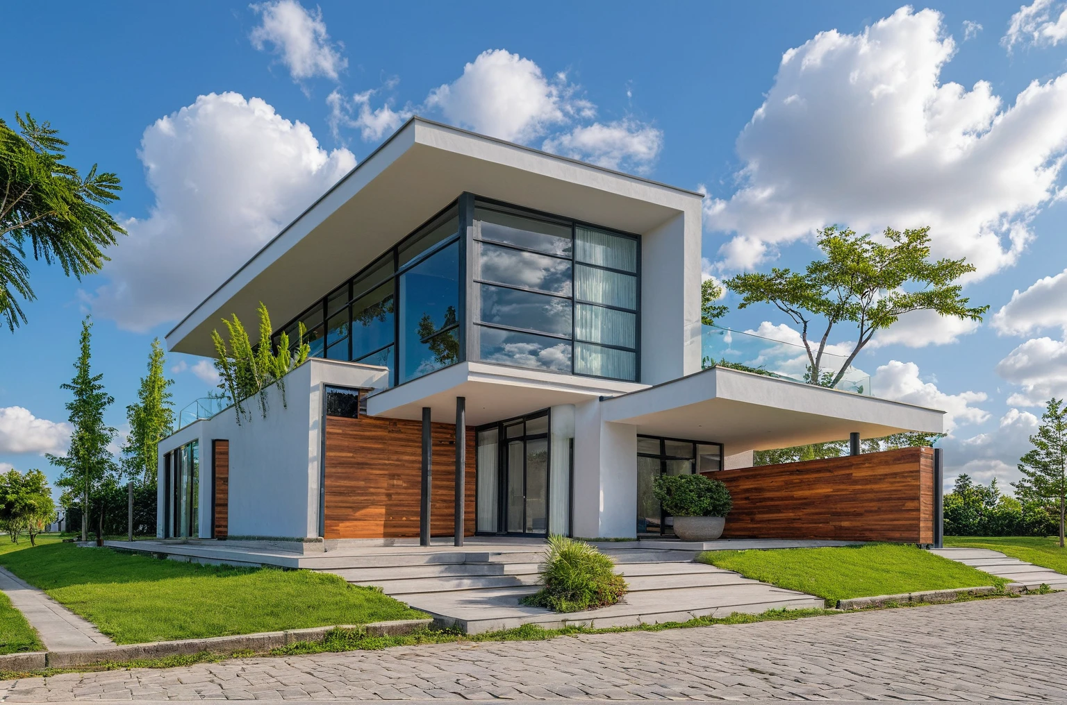 Masterpiece, 4k pixcel, high quality, best quality, authentic, super detail, outdoors, onestoreyvillaXL, aiaigroup, house style modern on the street ,stairs, white wall ,road,pavement, grass, trees, sky, cloud, (daylight:1.1)