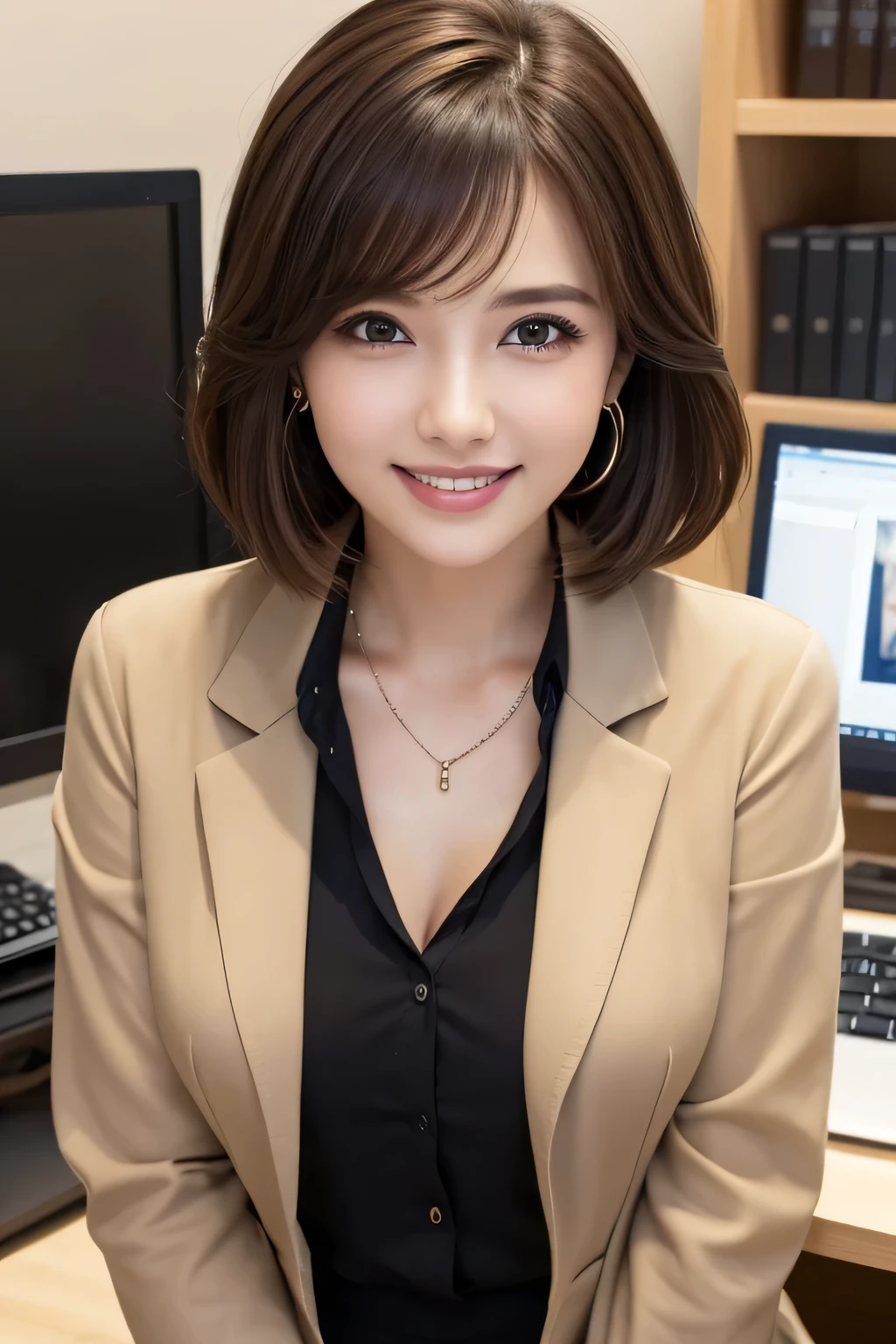Beautiful young woman、 Brown Hair、Working in front of a computer、Necklace around the neck、Office Lady Suits、Jacket、Unbuttoned shirt、smile、Beautiful teeth alignment、short hair、Intricate details, Very detailed:1.2), 、 Looking into the camera,The background is the office、Necklace around the neck、Dark eyeliner、ear piercing