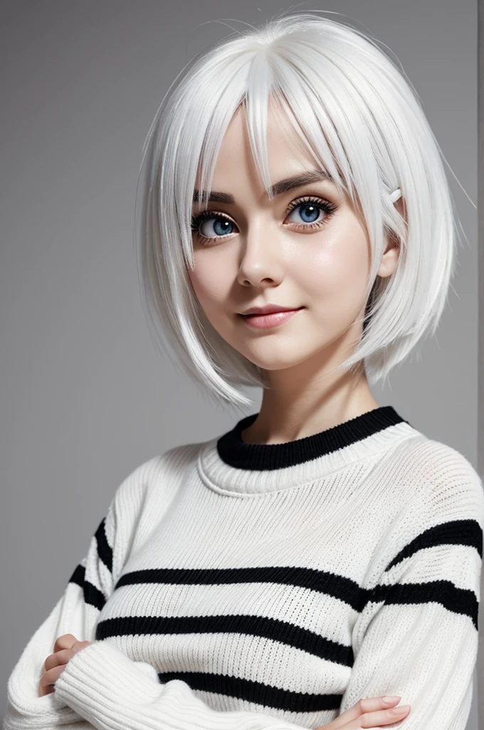 Create an anime woman with big eyes a small smile white hair and white skin wearing white sweater with thin black stripes