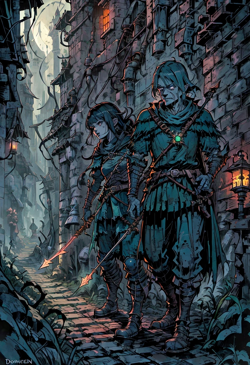 a close up of a street with a lantern on it, dungeon background, inspired by Andreas Rocha, andreas rocha style, dark fantasy environment, dark fantasy style art, in a dungeon background, fantasy dungeon, medieval fantasy game art, ancient dungeon, dark fantasy concept art, photorealistic dark concept art, dark ruins landscape, the style of andreas rocha, archer on waiting to ambush, rouge pointing their arrow towards viewer