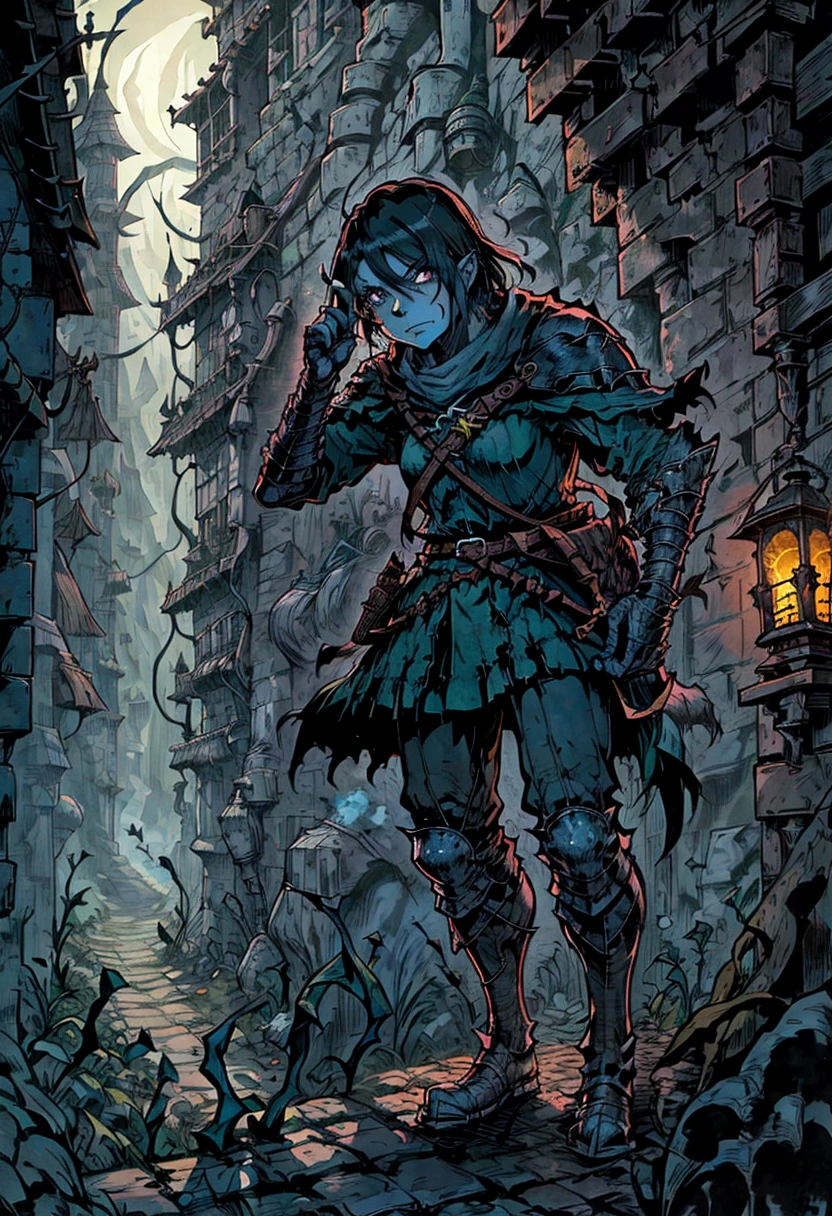 a close up of a street with a lantern on it, dungeon background, inspired by Andreas Rocha, andreas rocha style, dark fantasy environment, dark fantasy style art, in a dungeon background, fantasy dungeon, medieval fantasy game art, ancient dungeon, dark fantasy concept art, photorealistic dark concept art, dark ruins landscape, the style of andreas rocha, archer on waiting to ambush, rouge pointing their arrow towards viewer
