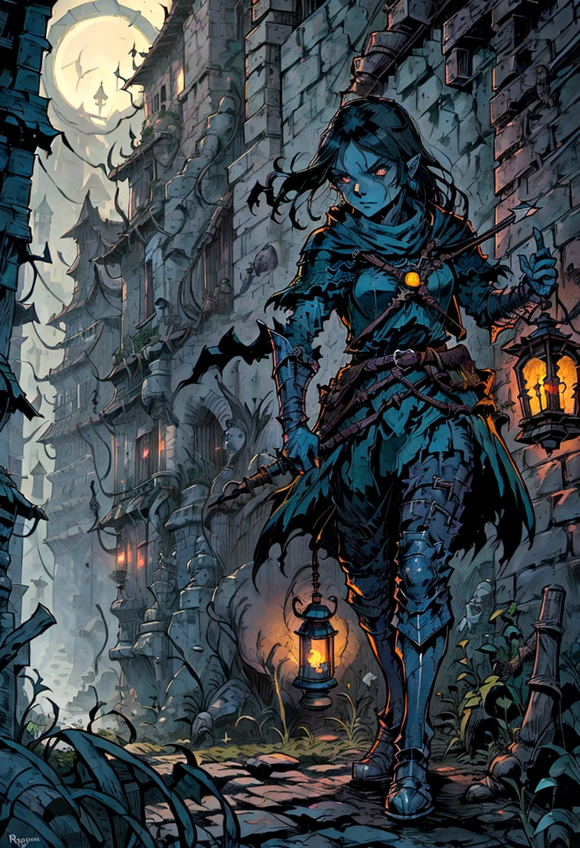 a close up of a street with a lantern on it, dungeon background, inspired by Andreas Rocha, andreas rocha style, dark fantasy environment, dark fantasy style art, in a dungeon background, fantasy dungeon, medieval fantasy game art, ancient dungeon, dark fantasy concept art, photorealistic dark concept art, dark ruins landscape, the style of andreas rocha, archer on waiting to ambush, rouge pointing their arrow towards viewer