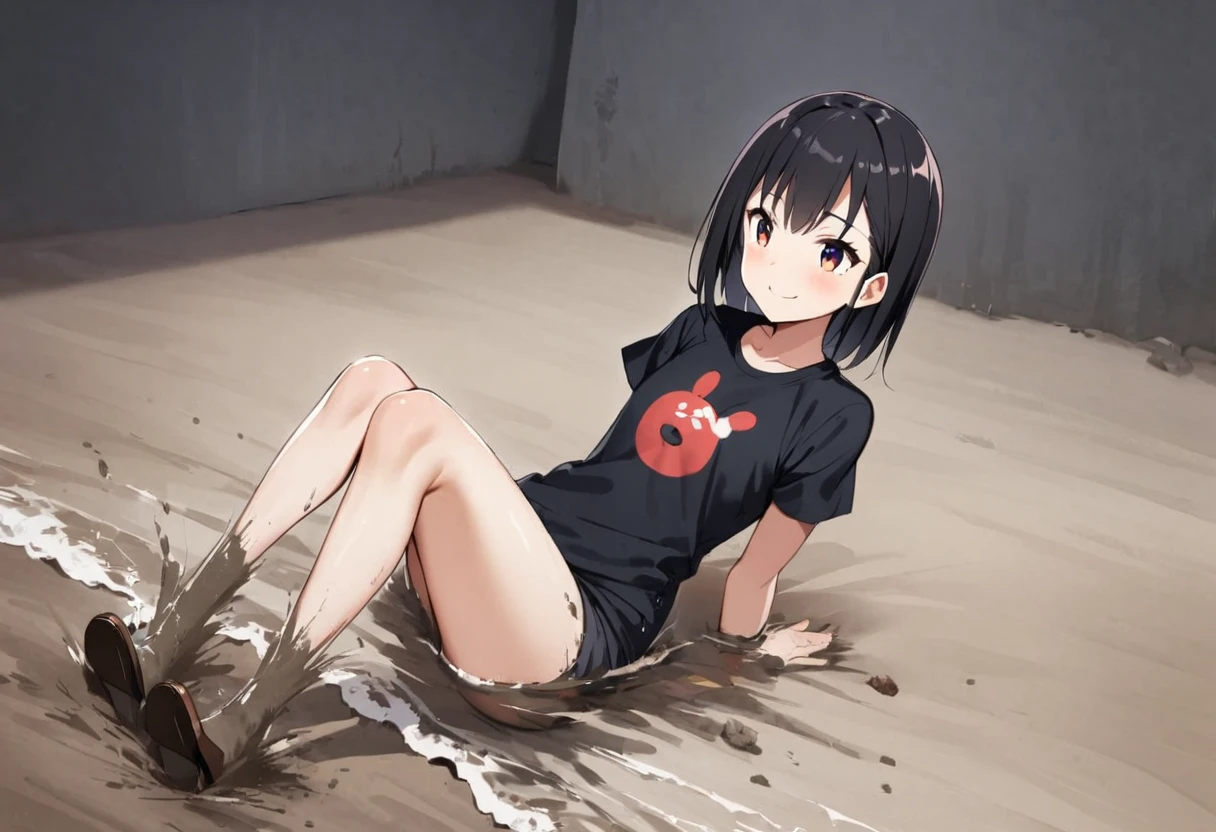 tideland、Black T-shirt、Black Swimsuit、The buttocks are digging in、Short black hair、Thighs、Girl、Girl、Short、Younger、Lower school year、Baby Face、Both eyes open、flat chest、smile、Dynamic Angle、Beach、My feet are covered in mud、There's mud on my face、sunlight、masterpiece、best quality、ultra-detail
