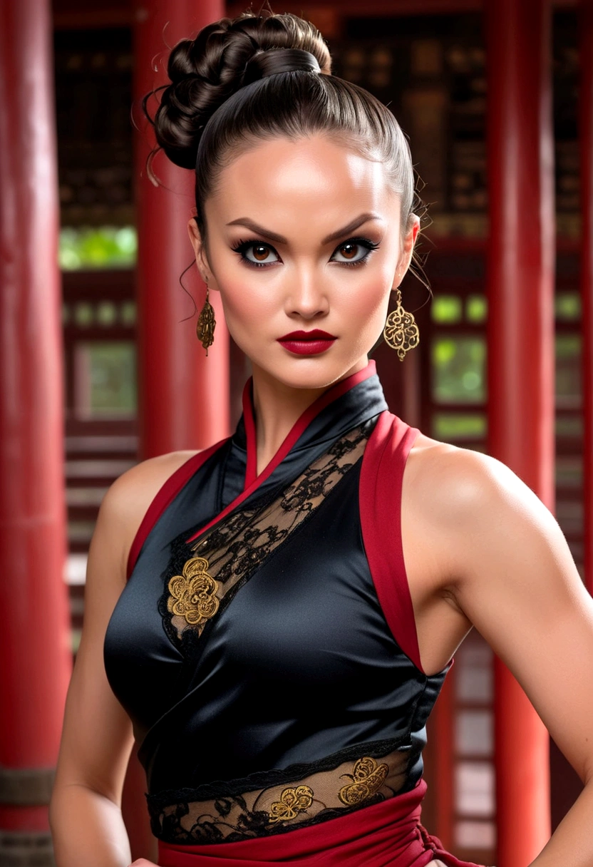Tori Black asian ninja warrior, ringlets wavy five feet long black hair, updo hairstyle with ponytail on one side and long hairpins holding the bun, dark red glossy lips, heavy black eye shadow long black eyeliner, long sharp nails, black lace beautiful and creative sleeveless ninja warrior bodysuit, forehead lace ornament, posing in a Shaolin temple interior, happy expression, dark ambience night time candle lights. No faces on her chest!