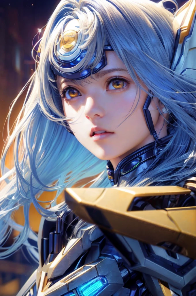 top-quality、​masterpiece、超A high resolution、(Photorealsitic:1.4)、女の子1人、Light blue hair、Straight hair, shiny and clean hair、White shiny skin、Sexy Cyberpunk Girl、((super realistic details))、Shadow、octan render、ultrasharp、hyperdetailed face、Fiberglass、Luminous tube、highly intricate detail、Realistic light、CGSoation Trends、((Golden Eyes))、(Facing the camera)、neon details、Mechanical limbs、Mechanical vertebrae attached to the back、mechanical cervical attaching to neck、Wires and cables connecting to the head、cosmic background、Rat trail section、((valkyrie))、((Beam Cannon))