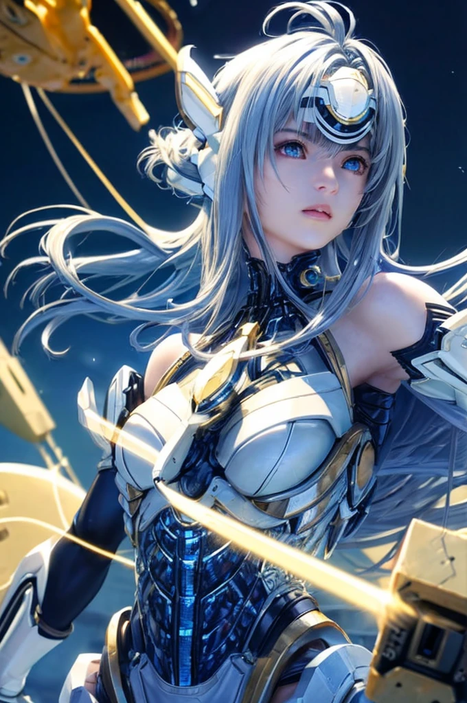 top-quality、​masterpiece、超A high resolution、(Photorealsitic:1.4)、女の子1人、Light blue hair、Straight hair, shiny and clean hair、White shiny skin、Sexy Cyberpunk Girl、((super realistic details))、Shadow、octan render、ultrasharp、hyperdetailed face、Fiberglass、Luminous tube、highly intricate detail、Realistic light、CGSoation Trends、((Golden Eyes))、(Facing the camera)、neon details、Mechanical limbs、Mechanical vertebrae attached to the back、mechanical cervical attaching to neck、Wires and cables connecting to the head、cosmic background、Rat trail section、((valkyrie))、((Beam Cannon))