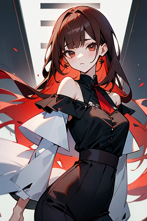 Slender beautiful girl、10th Generation、sleeveless Black blouse、Office、OL、off shoulder、White LINE Design、pants style、red brown heir