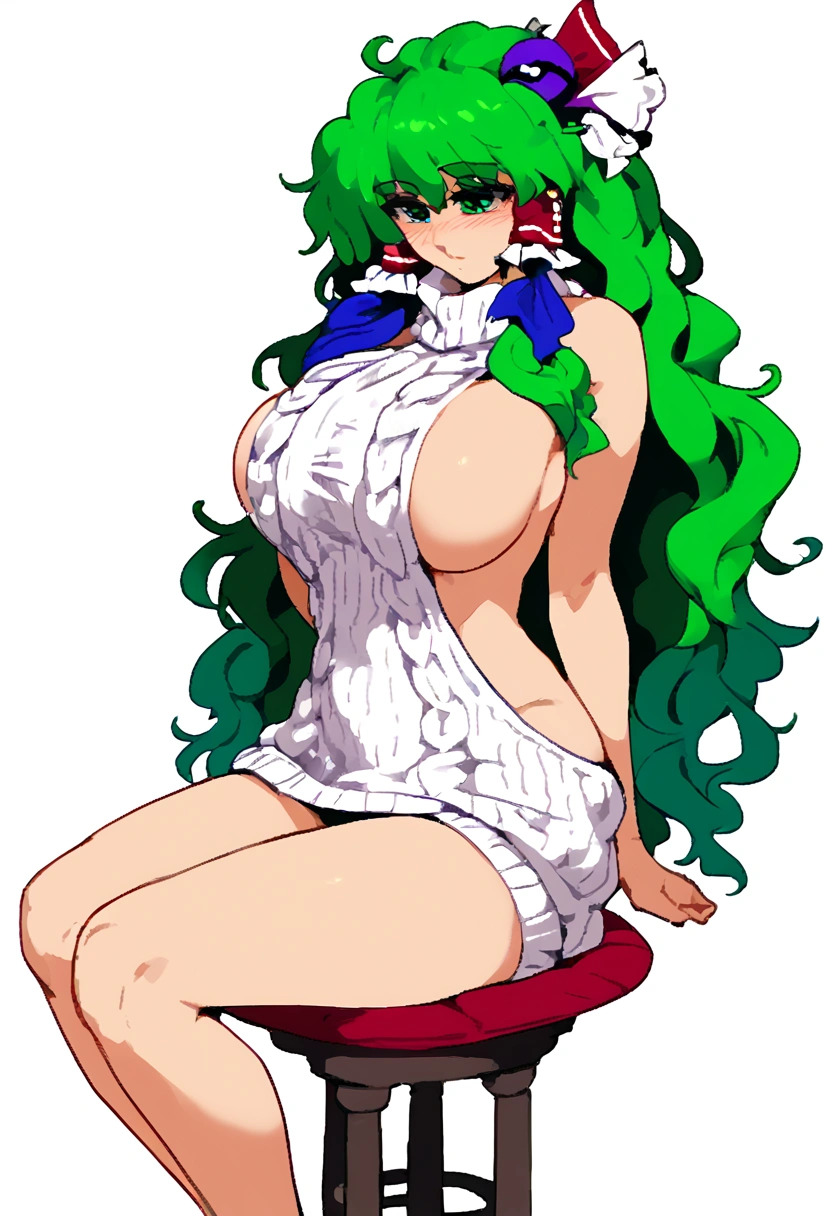 Expressive, score_9, score_8_up, score_9_up, Touhou, masterpiece, high quality, highly detailed, 1girl, kochiya sanae, solo, green hair, long hair, green eyes, long hair, big breasts, blush, round breasts,,,,,, frog hair ornament, hair tubes, snake hair ornament,,,, thin waist, sit on stool, white background,, virgin killer sweater, 
