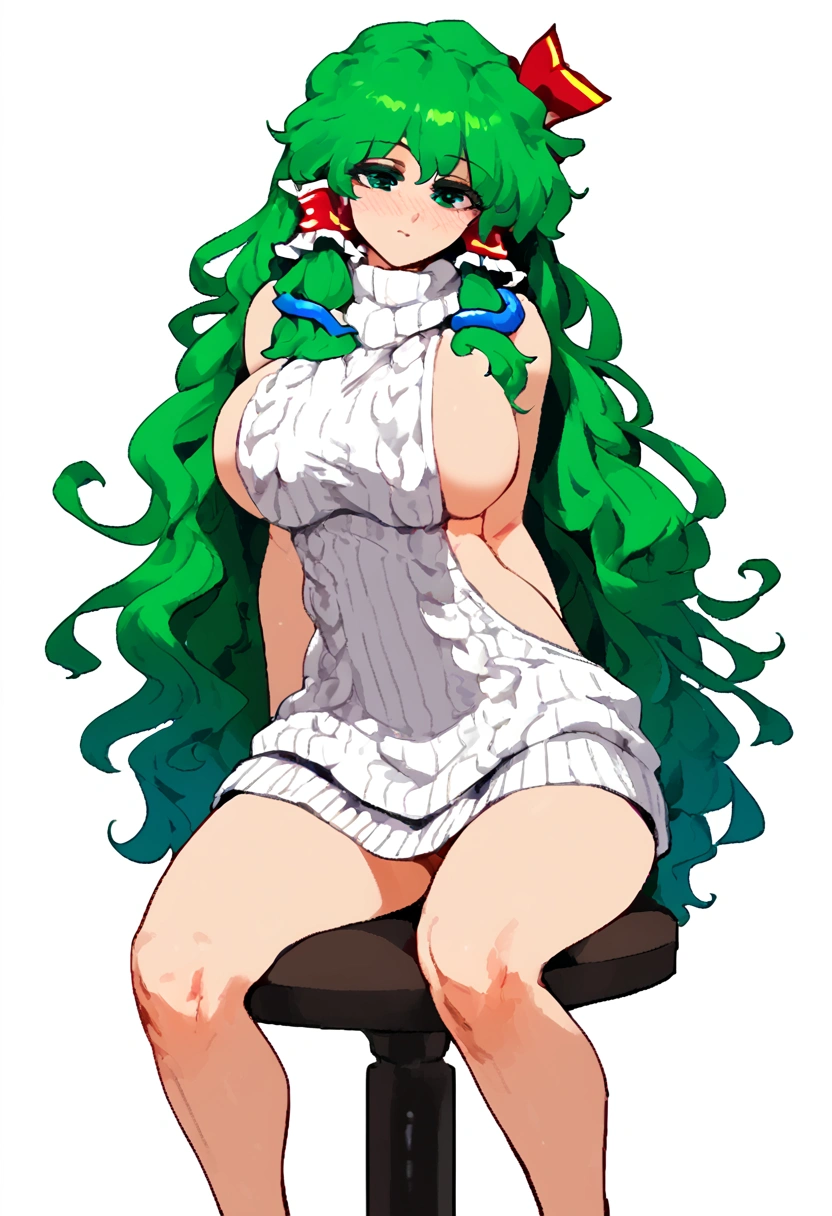 Expressive, score_9, score_8_up, score_9_up, Touhou, masterpiece, high quality, highly detailed, 1girl, kochiya sanae, solo, green hair, long hair, green eyes, long hair, big breasts, blush, round breasts,,,,,, frog hair ornament, hair tubes, snake hair ornament,,,, thin waist, sit on stool, white background,, virgin killer sweater,