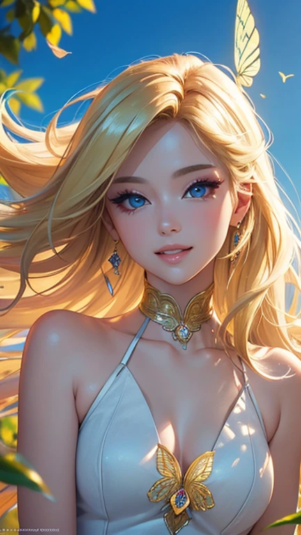 (Highest quality,Super detailed,High resolution、masterpiece、8K),Bright and vibrant colors,Studio Lighting,Playful expressions,Stylish makeup,Long blonde hair fluttering in the wind,Captivating eyes,Glossy Lips,Captivating smile,Posing for a professional photo shoot,Shallow depth of field,Soft natural light,