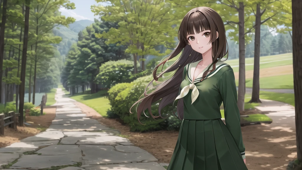 masterpiece, Highest quality, High resolution, aayoshino, , Long Hair, Twin Blade, Brown eyes, Hair that falls over the shoulders, , Sailor collar, neckerchief, Green Shirt, One piece sailor shirt, Long sleeve, Green Skirt, Long skirt, Are standing, Cowboy Shot, Outdoor, figure：Right from center