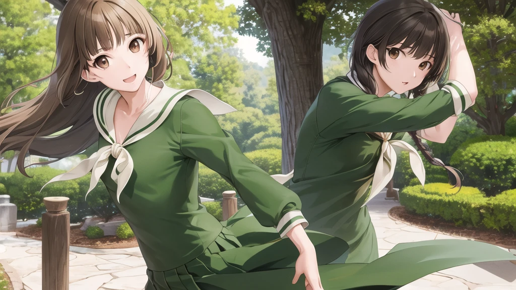 masterpiece, Highest quality, High resolution, aayoshino, , Long Hair, Twin Blade, Brown eyes, Hair that falls over the shoulders, , Sailor collar, neckerchief, Green Shirt, One piece sailor shirt, Long sleeve, Green Skirt, Long skirt, Are standing, Cowboy Shot, Outdoor, figure:Right from center