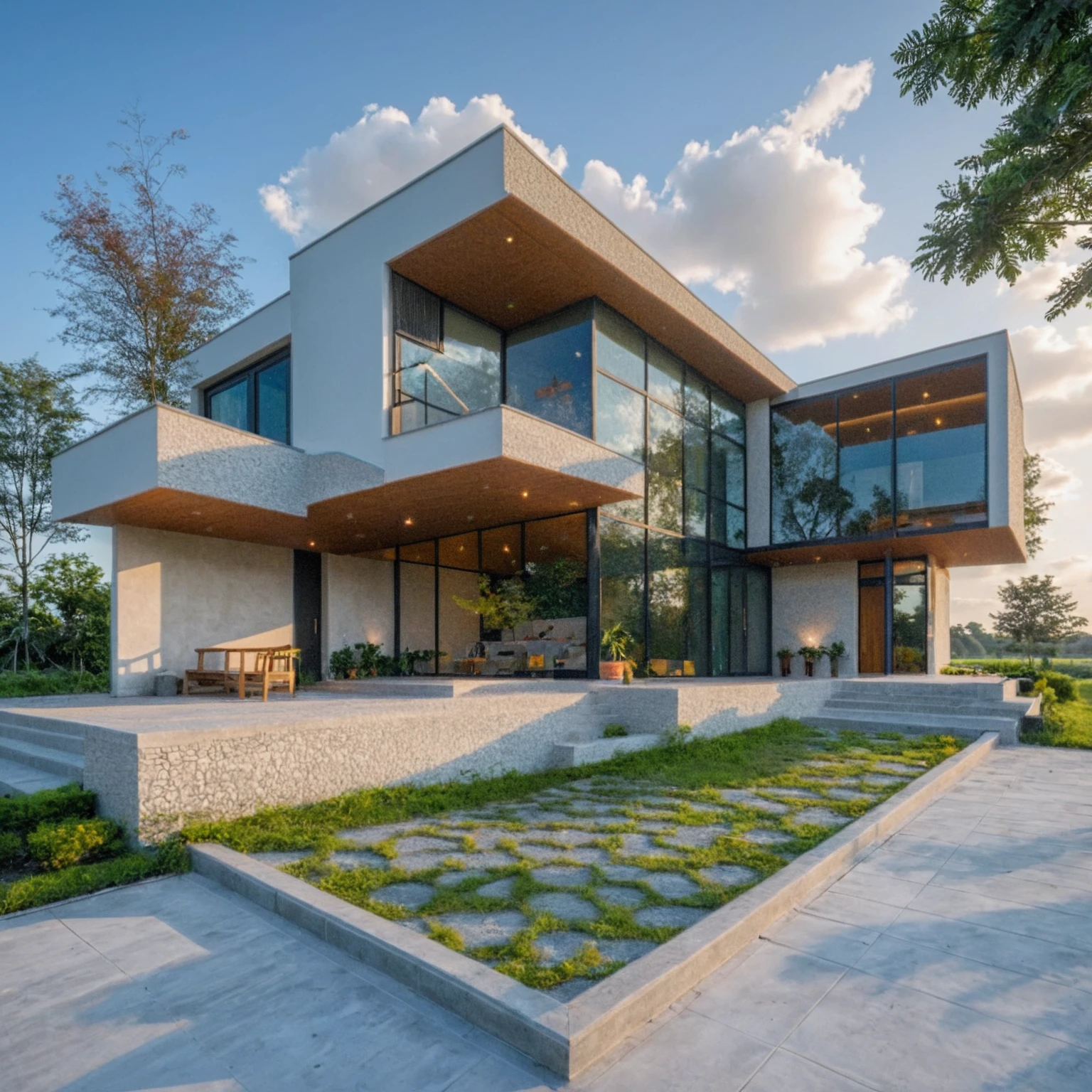 Masterpiece, 4k, high quality, best quality, authentic, super detail, outdoors, onestoreyvillaXL, aiaigroup, house style modern on the street ,stairs, white wall ,road,pavement, grass, trees, sky, cloud, (daylight:1.1)
