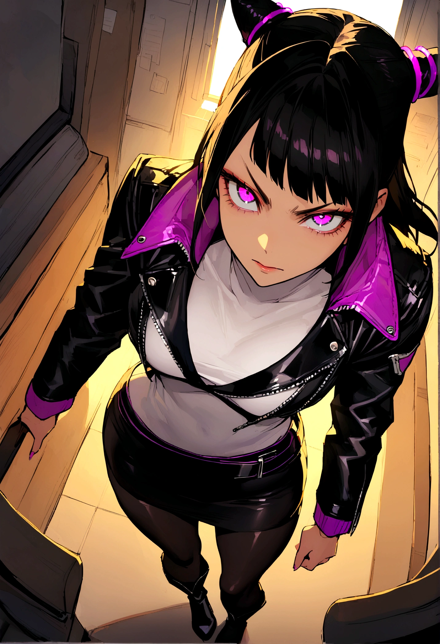 juri han,beautiful young warrior , with a very detailed and beautiful face, beautifuleyes, beautifuleyes, gorgeous face, beautiful young woman wearing long black leggings with black details, short mini skirt, usando leather jacket preta, Standing in an office, wearing black boots, horn hair, with black fringe, , evil smile ,white sweater with strap around, serious look,usando leather jacket preto, leather jacket,staring overhead,yellow lighting,purples eyes