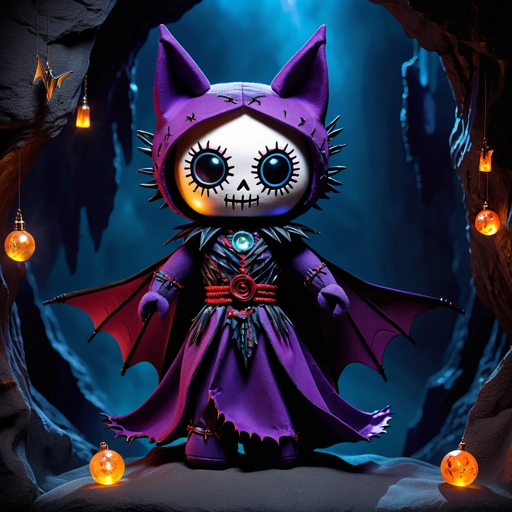 (knitted toy voodoo doll:1.8), (Voodoo Bat:1.2), (Night Messenger:1.3), (Clothing: shadowy cloak with bat wing patterns:1.0), (Accessories: enchanted moon orb emitting cold light, levitating spectral bats:1.1), (background: dark cave with floating stalactites, glowing crystals, and spectral mist:1.2), best quality, masterpiece, detailed soft oil painting, detailed background, dramatic cinematic lighting, soft edge lighting, professional, dramatic lighting, hard edge lighting, ultra quality, 4k,masterpiece, best quality, 8k, ultra highres, highres, extremely detailed