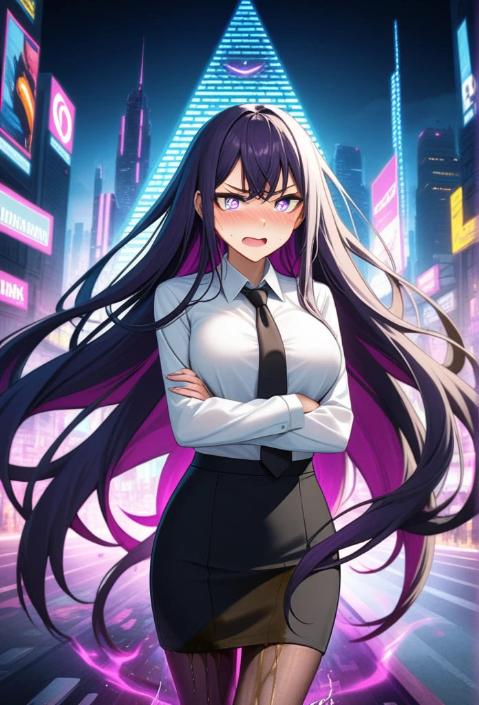 (high quality,Very detailed:1.37, High resolution), Woman, (very long hair:1.5), dark purple hair, purple eeyes, large breasts, (wetting herself:1.5), standing, business suit, necktie, (very long pencil skirt:1.5), pantyhose, (arms crossed:1.5), (embarrassed:1.5), (humiliation:1.5), (angry:1.25), (blushing:1.5), open mouth, Cyberpunk Style, Cyberpunk Cityscape, Neon Light, High-tech accessories, Meticulous details, (extremely detailed eys:1.37), Glowing LED pattern, Urban scenery, Futuristic elements, Mysterious Aura, ,Flying cars racing through the air, Holographic Advertising, Visually stunning architecture, Energetic and dynamic poses, Gives off a powerful aura, The cityscape reflected in her metallic eyes, Graceful movement amidst chaos, A moonlit sky with a futuristic hue, Pulsating Electronic Soundtrack, Enhanced Augmented Reality Overlays, Interacting with virtual objects in the environment