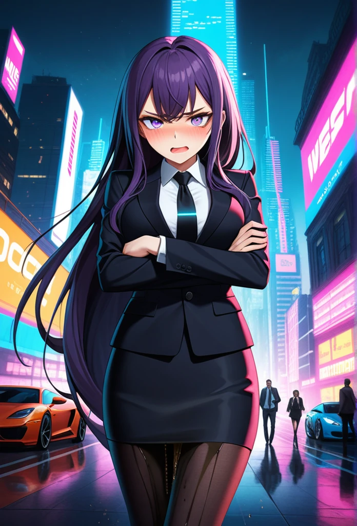 (masterpiece:1.37), best quality, (extremely detailed:1.37), woman, mature, adult, large breasts, very long hair, (straight hair:1.5), dark purple hair, purple eyes, (extremely detailed eyes:1.37), business suit, necktie, (long pencil skirt:1.5), pantyhose, desperation, (wetting self:1.5), standing, embarrassed, humiliation, blushing, angry, city, futuristic, neon lighting, high-tech, street