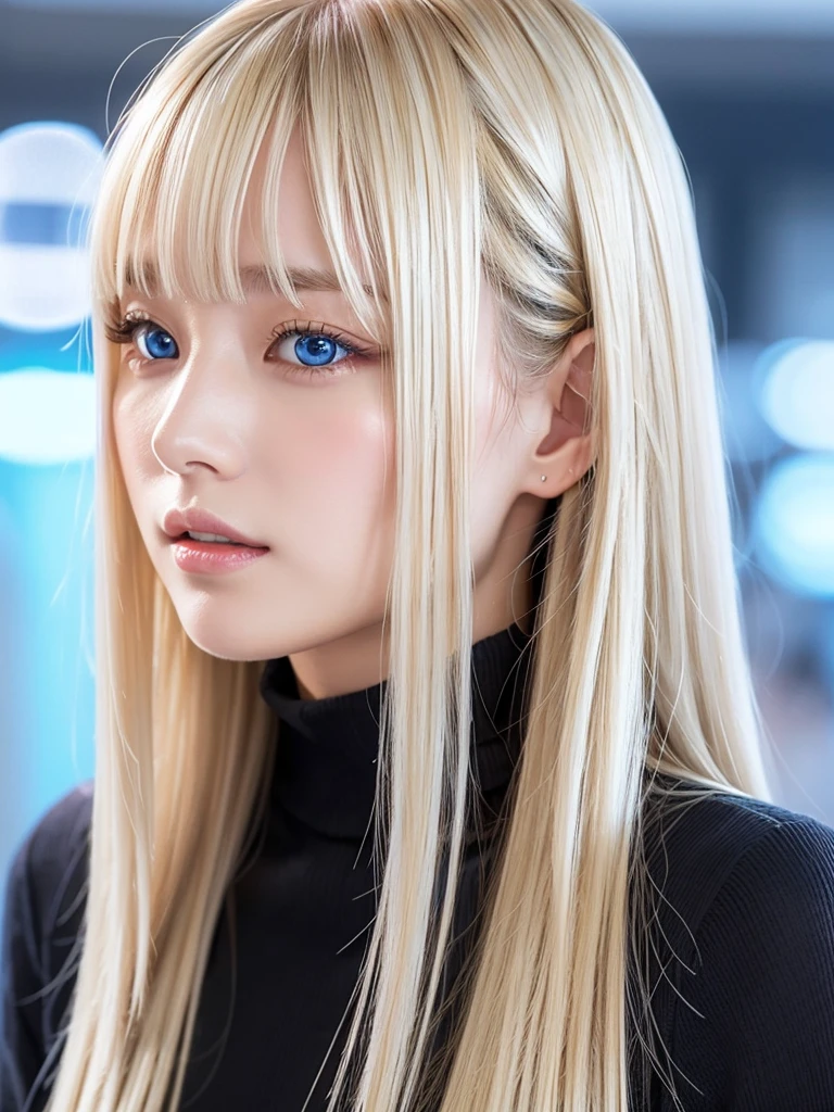 The Shining, clear, White skin、Her windblown blonde hair hides her beautiful face.、Huge、28 years old、Cute sexy little beautiful face、Beautiful straight hair that stands out、growing up, light blue eyes shimmering、Long, silky bangs that cover cute eyes, セクシーな顔を隠したSuper longヘアのセクシーでキュートな若い女性、Super long, Natural silver blonde shiny hair、Black background、Close-up of face