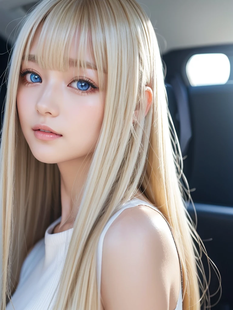 The Shining, clear, White skin、Her windblown blonde hair hides her beautiful face.、Huge、28 years old、Cute y little beautiful face、Beautiful straight hair that stands out、growing up, light blue eyes shimmering、Long, silky bangs that cover cute eyes, セクシ隠したSuper longヘアのセクシーでキュートな若い女性、Super long, Natural silver blonde shiny hair、Black background、Close-up of face