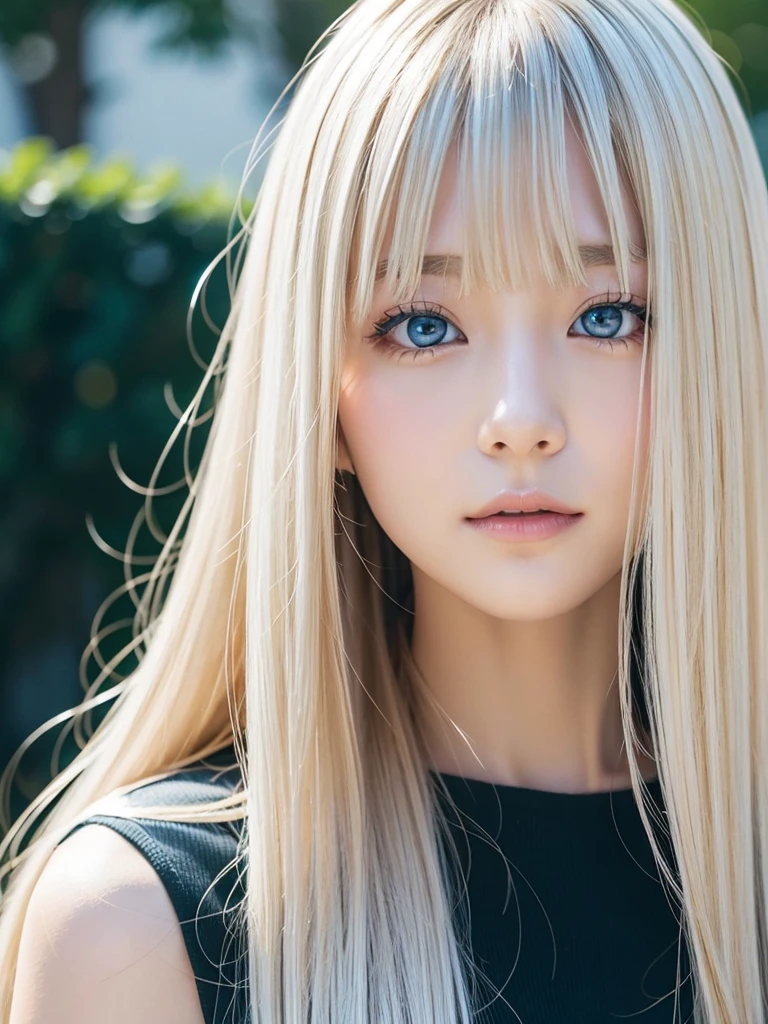The Shining, clear, White skin、Her windblown blonde hair hides her beautiful face.、Huge、28 years old、Cute sexy little beautiful face、Beautiful straight hair that stands out、growing up, light blue eyes shimmering、Long, silky bangs that cover cute eyes, セクシーな顔を隠したSuper longヘアのセクシーでキュートな若い女性、Super long, Natural silver blonde shiny hair、Black background、Close-up of face