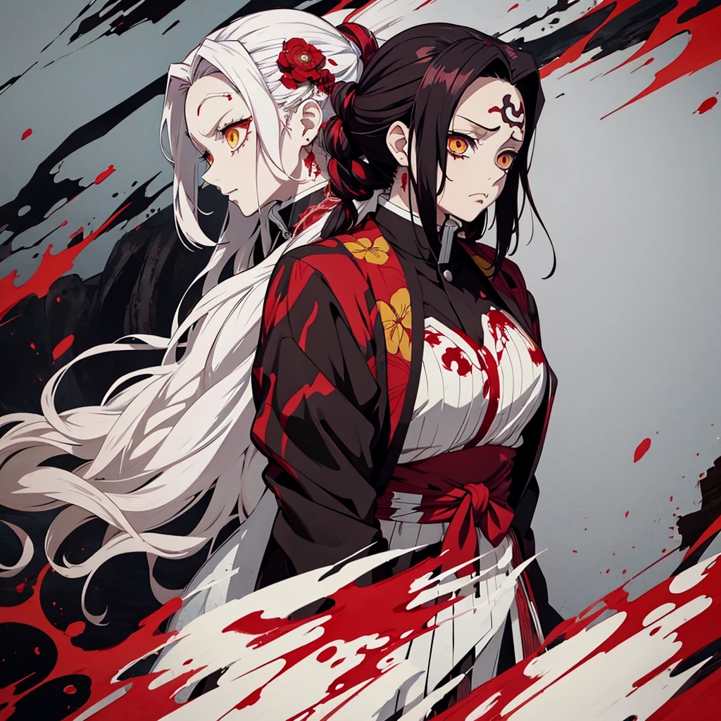 woman in Kimetsu no Yaiba anime style, expressionless, with blood coming out of her mouth, with a bruise on her rib and lung, standing in pain, long white hair with red streaks, intense yellow eyes, clothes of combat demon slayer